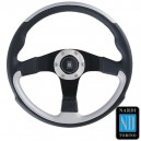 Volant Nardi en cuir noir et gris inox avec branches alu noir et bague en Alu chrom&eacute; - Leader Line